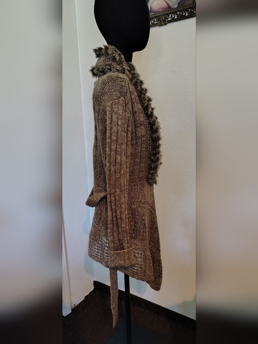 RXB Brown Wool Blend Faux-Fur Trim Belted Boho Cardigan Sweater Women Teen Large - Picture 6 of 13